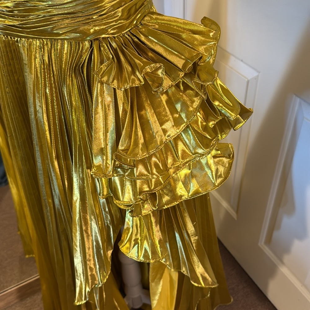MAC DUGGAL Gold One Shoulder Pleated Ruffle Gown with Slit - Picture 7 of 17